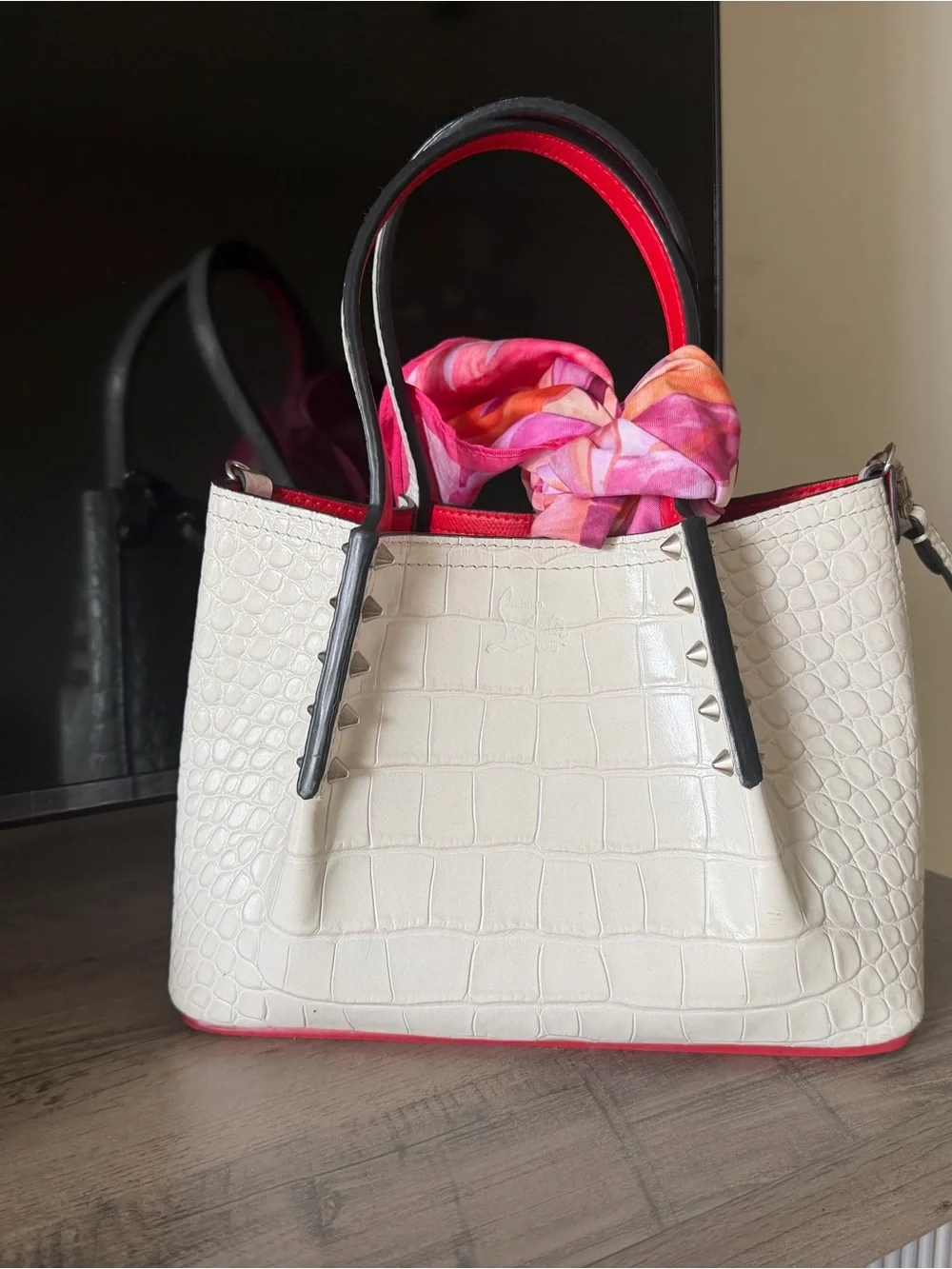 Christian Louboutin White Croc-Embossed Tote with Pink-Orange Scarf